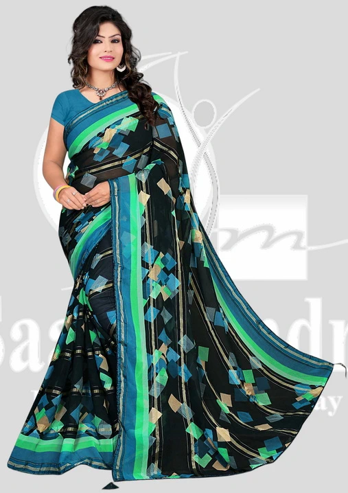 Wetless Printed Saree with Satin Patta & Piping - BW - Green Mix